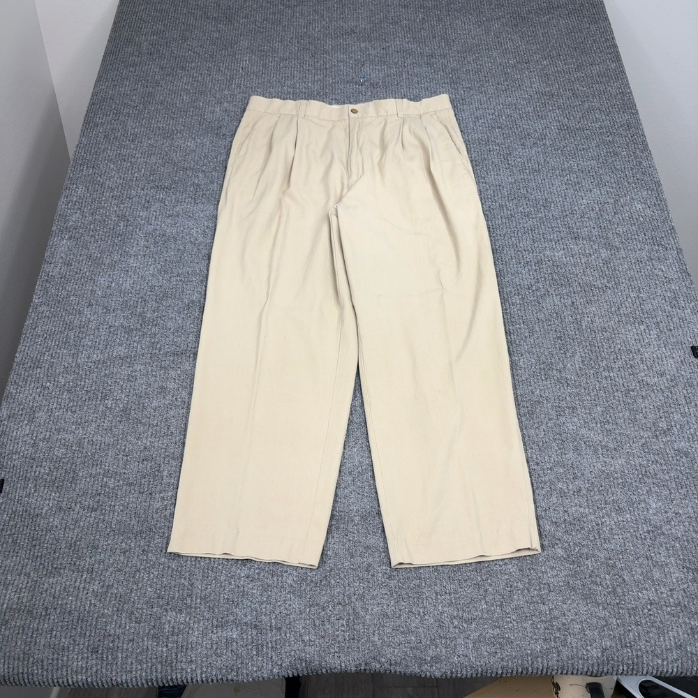 Workers For Freedom Pants Mens 36 Beige 100% Silk Herringbone Pleated Wide Leg